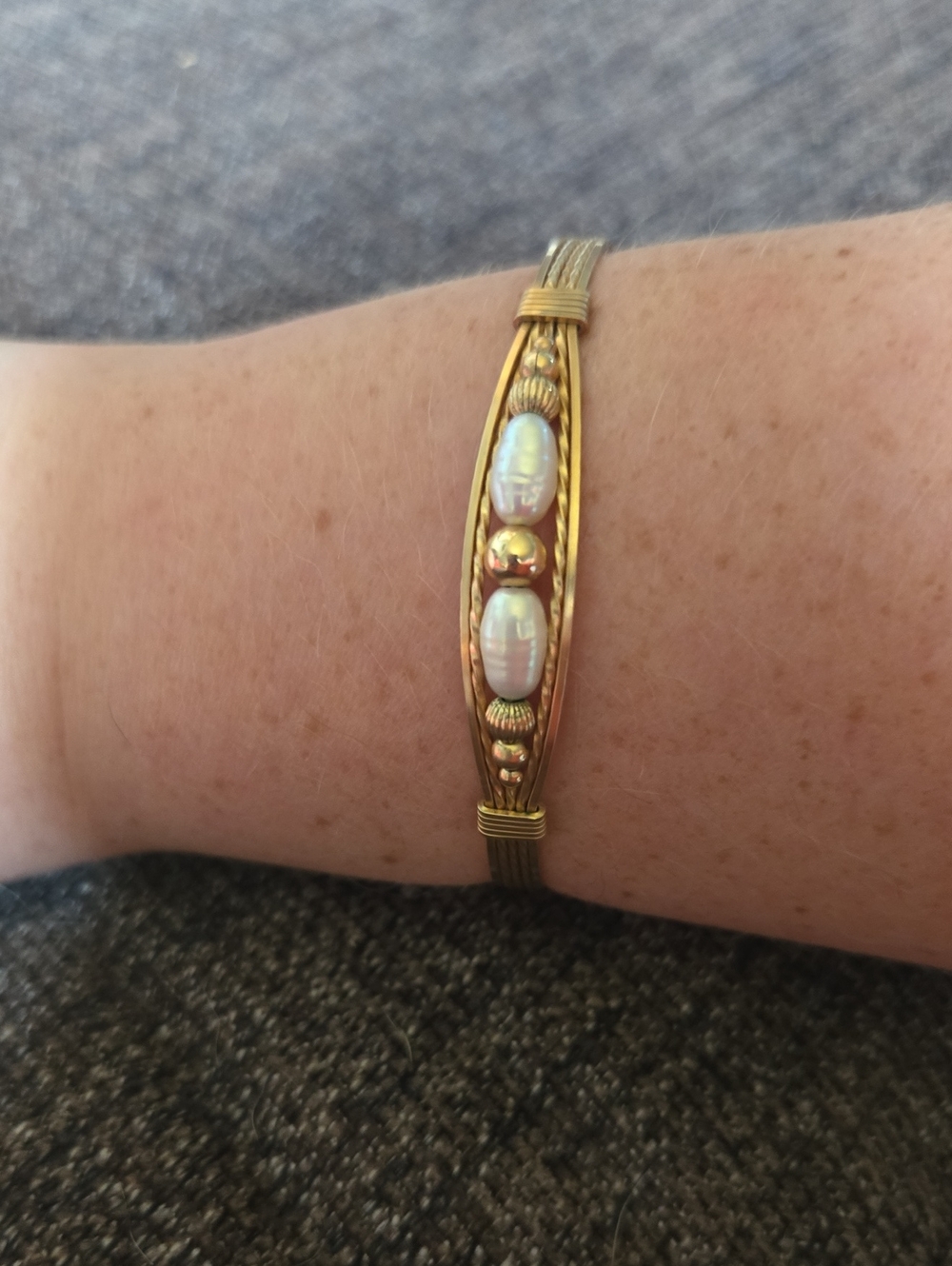 Vintage Gold-Tone Gold Plated Seed Pearl Accent Bangle Bracelet 70s
